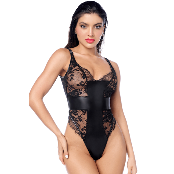 Body sexy noir dentelle & similicuir 